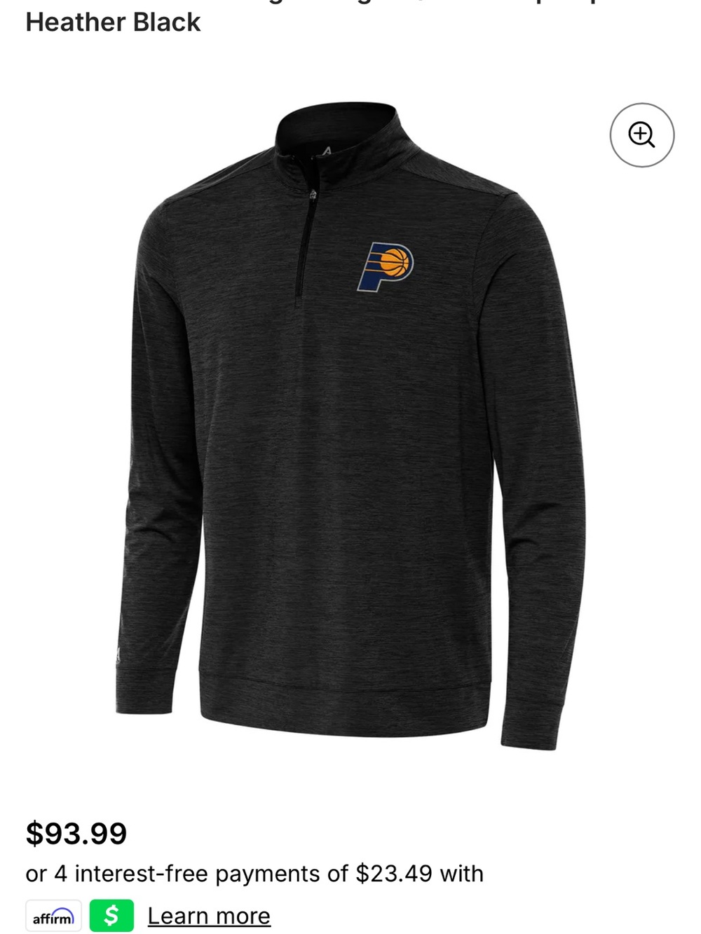 NWT Indiana Pacers Antiqua Certain Quarter Zip Pullover Men’s S Heather Black